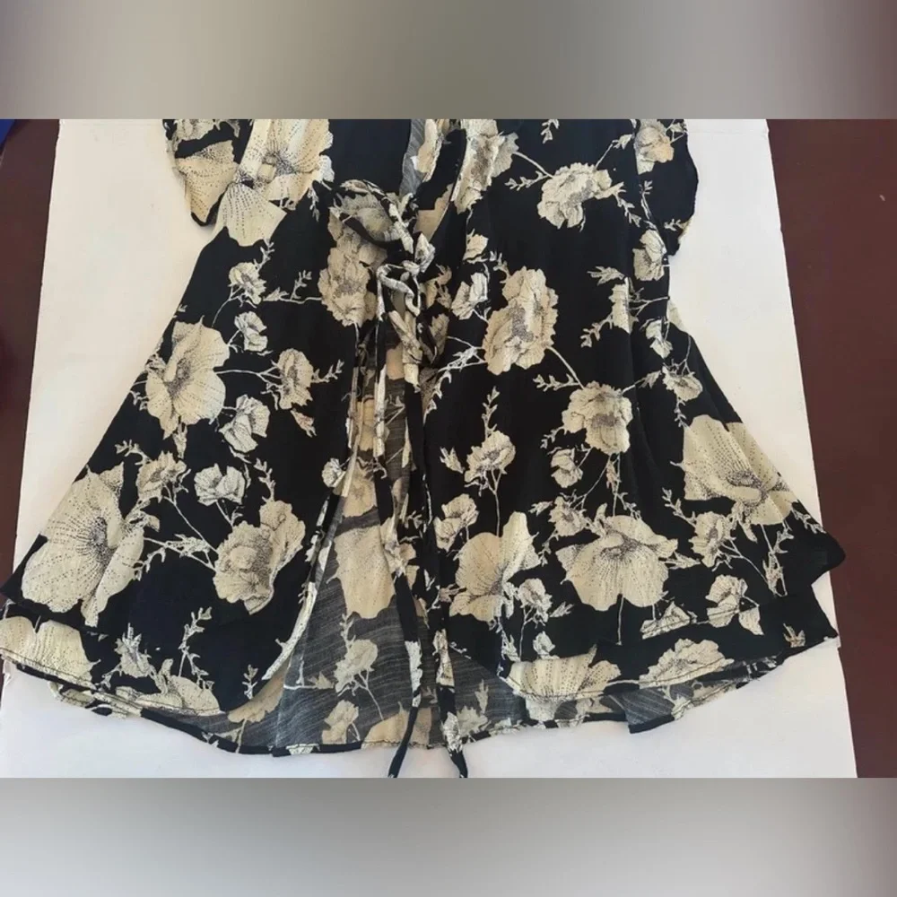 Free People Black Wrap Dress with Cream Floral Print Ruffled Mini Dress size XS